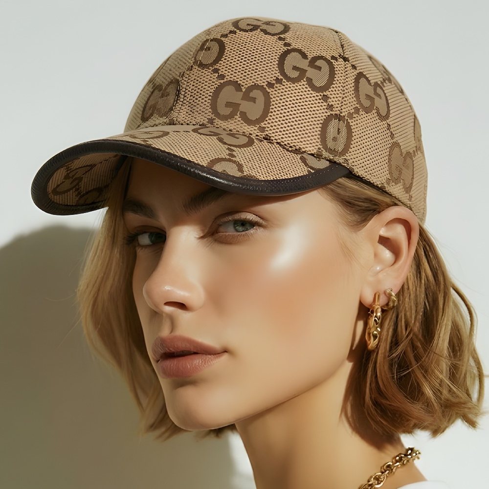GUCCI JUMBO GG MONOGRAM CANVAS BASEBALL CAP UNISEX CAMEL AND EBONY COLORWAY - Picture 2 of 6